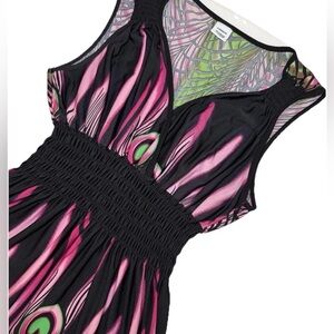 Summer Sundress Women Pink Peacock Beach Slimming Sleeveless Smock Dress M READ